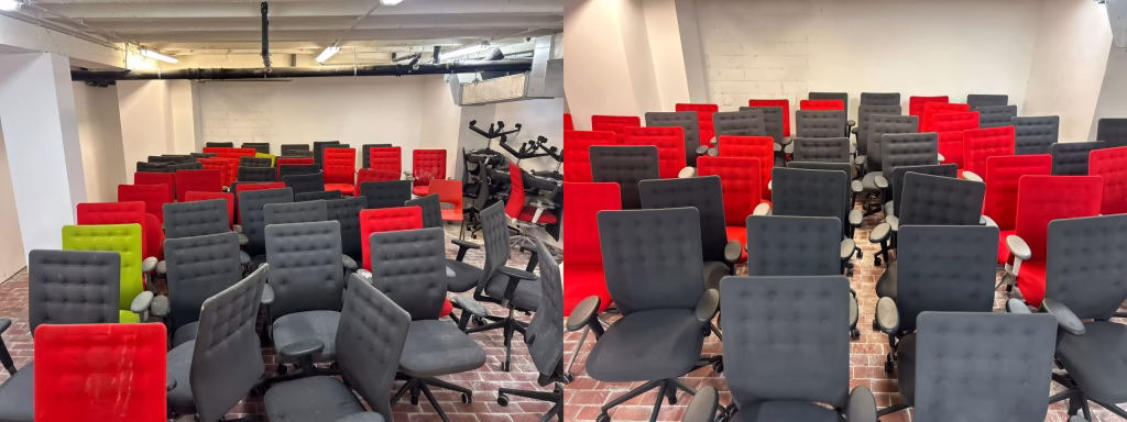 Professionele reiniging van tientallen bureaustoelen en kantoormeubelen in regio Antwerpen – SK Mobile Vacuum Service, 5-sterren Google schoonmaakbedrijf.